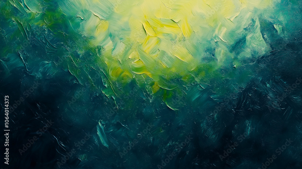 Obraz premium Abstract background with green and yellow tones, dark blue tones, in the style of oil painting with visible brushstrokes with soft light, mysterious atmosphere, blurred edges, rich details, cool tone.
