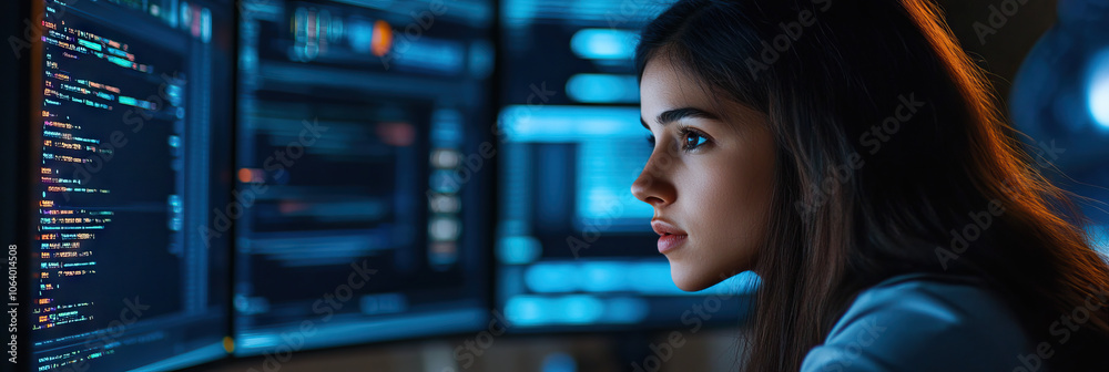 Hispanic female programmer working on a computer screen Hispanic female programmer working on a computer screen