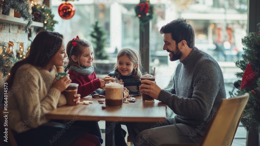 A Caucasian family sits at a corner table of a cozy cafe adorned with Christmas decorations. The parents and children delight in hot chocolate topped with whipped cream. A festive new year atmosphere A Caucasian family sits at a corner table of a cozy cafe adorned with Christmas decorations. The parents and children delight in hot chocolate topped with whipped cream. A festive new year atmosphere