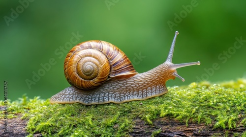 A close-up of a snail on a mossy log, showcasing its distinctive spiral shell and soft body against a blurred green background.