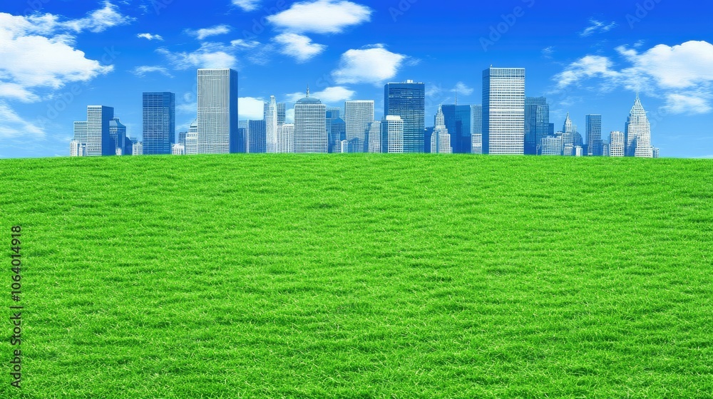 Obraz premium Green Field with Skyline Under Bright Blue Sky