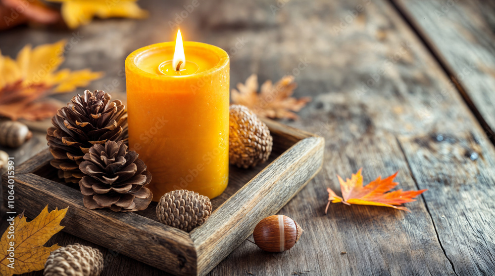 A lit yellow candle on a wooden tray with pine cones and acorns, surrounded by autumn leaves. A lit yellow candle on a wooden tray with pine cones and acorns, surrounded by autumn leaves.