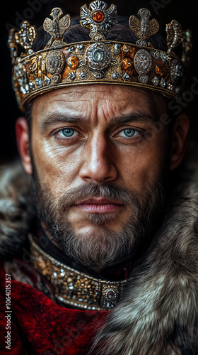 This is a close-up of a man wearing a royal crown and a fur coat, looking directly at the camera with a serious expression.