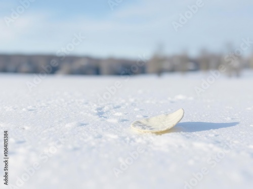 A single white poplar salted chip resting on a snowy landscape, frosty landscape, crunchy treat photo