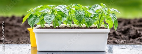 Creating a thriving eastern Slavic garden with vibrant bell pepper seedlings and a cheerful watering can photo