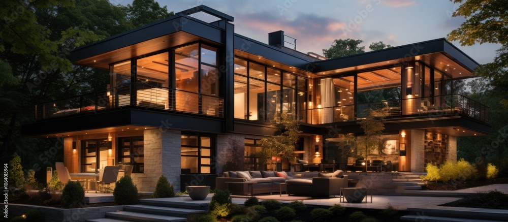 Modern glass house with outdoor seating, illuminated at dusk, surrounded by greenery. Modern glass house with outdoor seating, illuminated at dusk, surrounded by greenery.