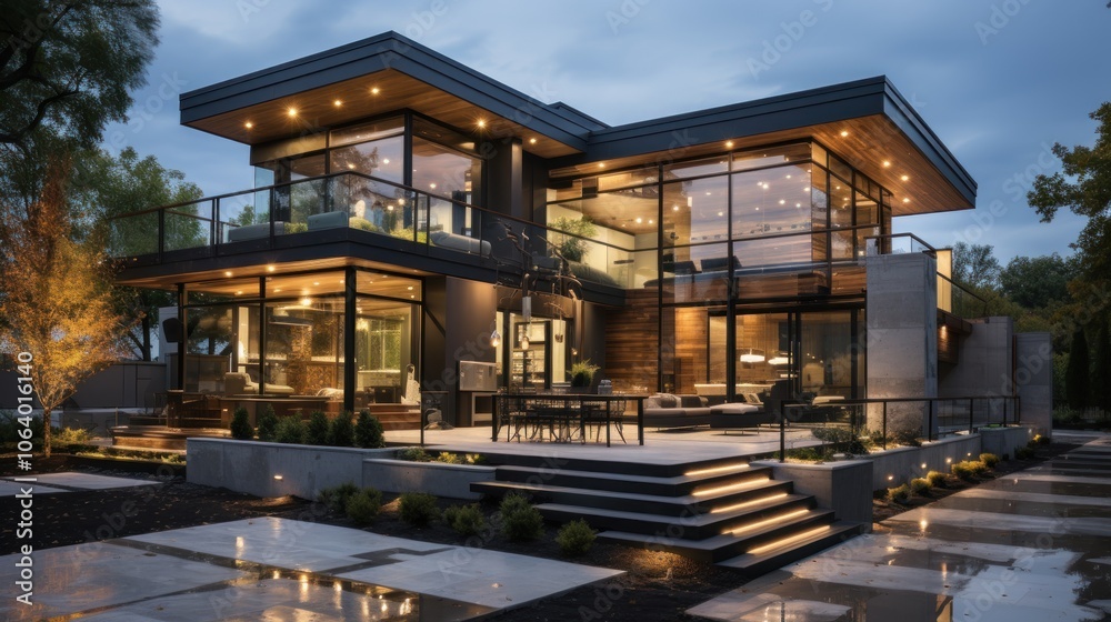 Modern house with large glass windows and wooden accents, illuminated at dusk. Modern house with large glass windows and wooden accents, illuminated at dusk.
