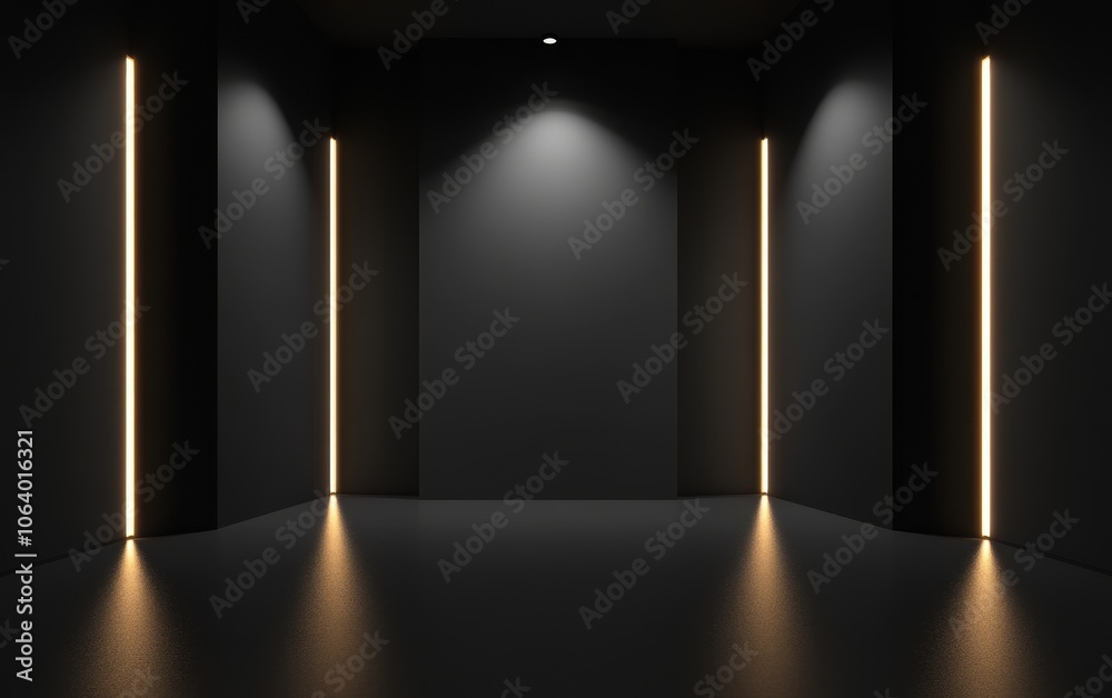 A minimalist interior space with dim lighting and illuminated vertical lines. A minimalist interior space with dim lighting and illuminated vertical lines.