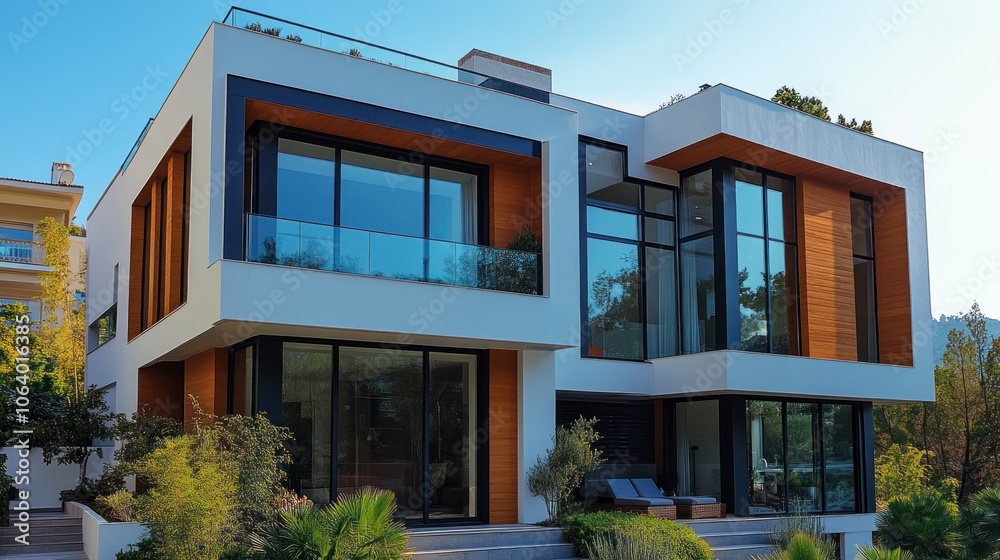 Modern architectural house with large windows and wooden accents in a landscaped setting. Modern architectural house with large windows and wooden accents in a landscaped setting.