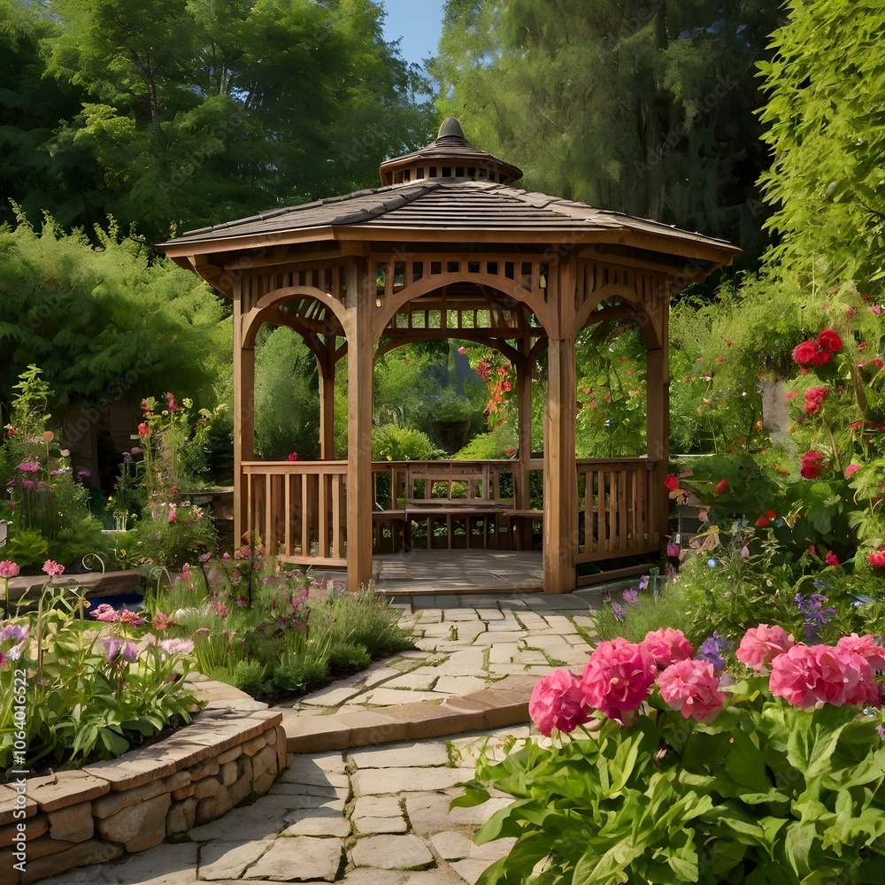 Charming Garden with Gazebo and Fountain, Generative AI Charming Garden with Gazebo and Fountain, Generative AI