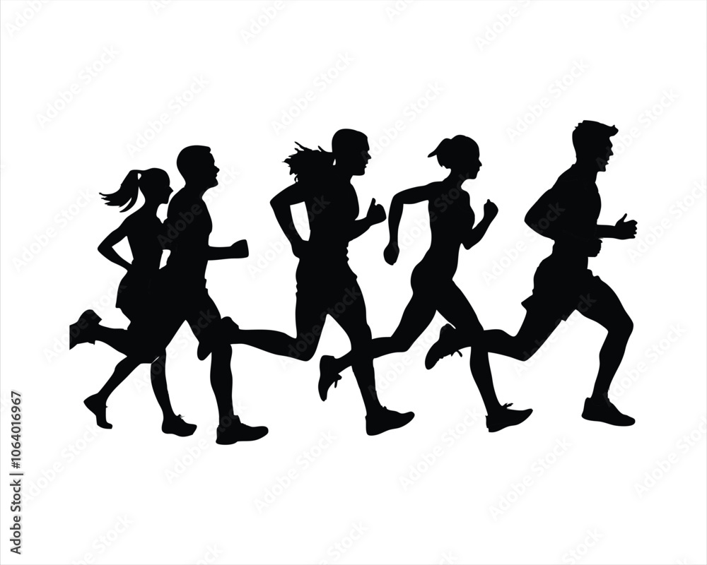 Black Silhouette of Men and Women Running - Perfect for Fitness, Sports, and Active Lifestyle Designs Black Silhouette of Men and Women Running - Perfect for Fitness, Sports, and Active Lifestyle Designs
