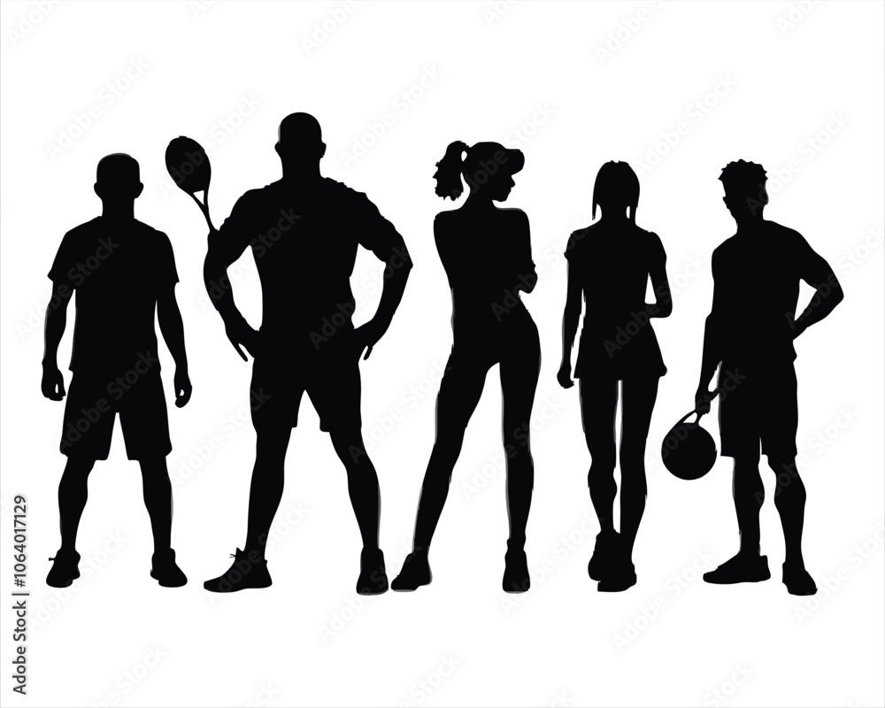 black silhouette of men, women and teenager sports people black silhouette of men, women and teenager sports people