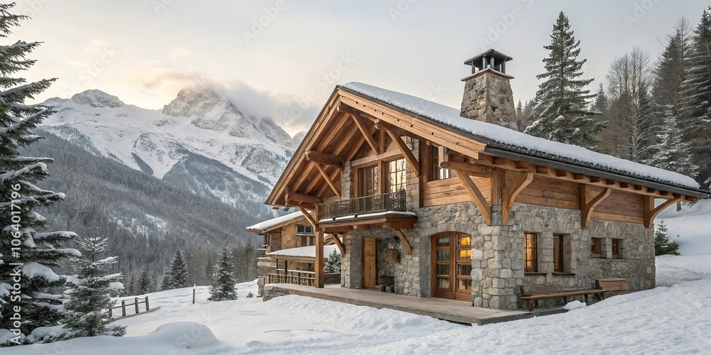 Fototapeta premium Cozy mountain chalet with stone fireplace and wooden beams surrounded by snow-covered trees and mountains, snow covered trees, warm lighting, cozy cabin, natural beauty