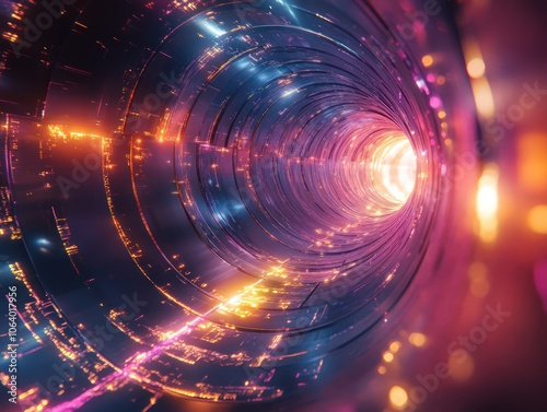 Particle accelerator in action with beams light and magnetic fields bending around curves