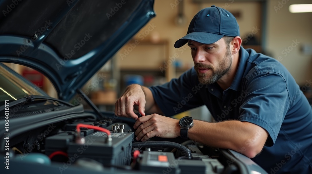 Mechanic inspecting battery terminals on a vehicle, focused expression, tools and car parts in the background, practical garage environment, dynamic automotive scene Mechanic inspecting battery terminals on a vehicle, focused expression, tools and car parts in the background, practical garage environment, dynamic automotive scene