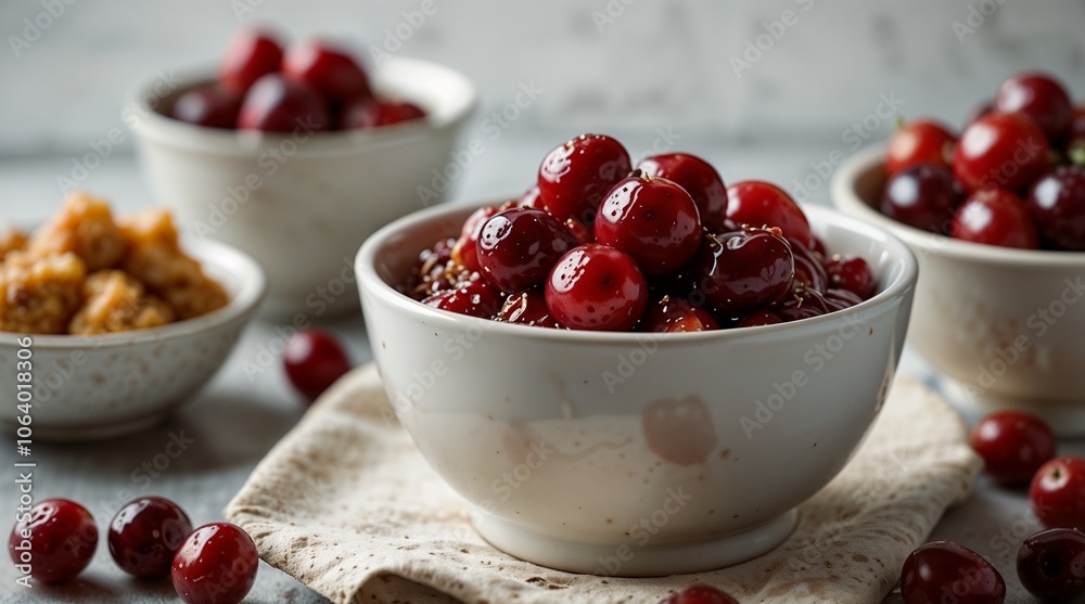 jam cherries in a bowl, accompanied by dessert on a cloth napkin jam cherries in a bowl, accompanied by dessert on a cloth napkin