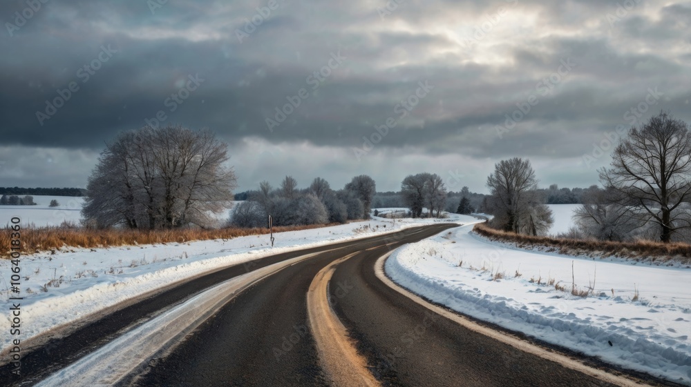 Obraz premium Winding asphalt road covered with snow through winter landscape