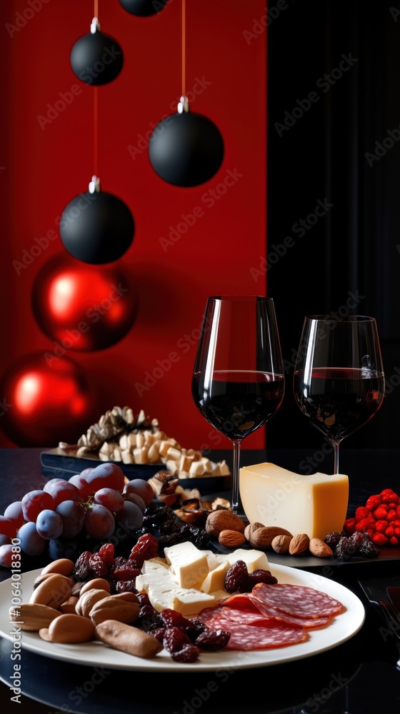 Festive holiday charcuterie platter with wine in elegant red and black setting Festive holiday charcuterie platter with wine in elegant red and black setting