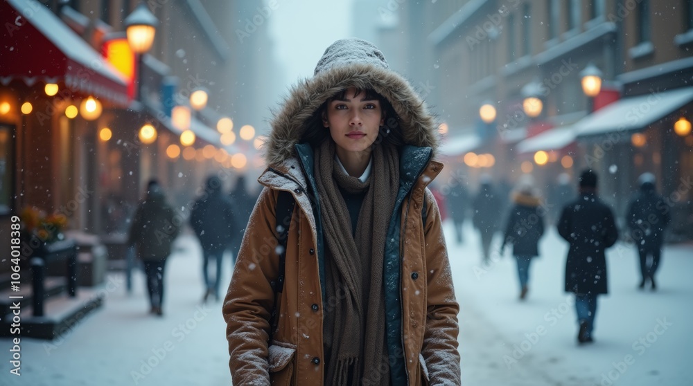 A person wearing a winter coat in a snowy urban environment, snow-covered streets, warm and cozy atmosphere, dynamic winter scene, city backdrop