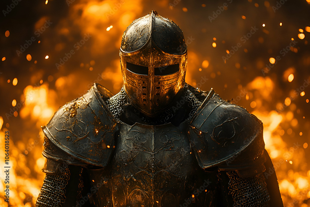 A knight in shining armor stands amidst flames, exuding strength and courage in a dramatic, fiery backdrop.