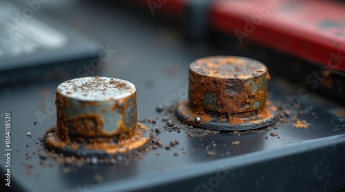 Close-up of battery terminals on a car battery, detailed corrosion and metal texture, natural lighting, focused on the positive and negative terminals, isolated with no other distractions