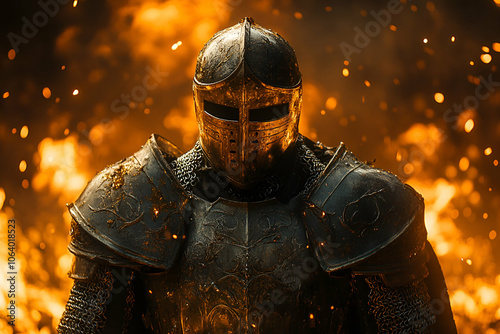 Obraz na płótnie A knight in shining armor stands amidst flames, exuding strength and courage in a dramatic, fiery backdrop. w salonie