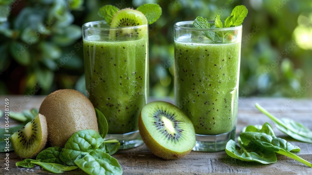 A refreshing green smoothie featuring kiwi slices, apples, and spinach on a wooden background, showcasing health and vitality. A refreshing green smoothie featuring kiwi slices, apples, and spinach on a wooden background, showcasing health and vitality.
