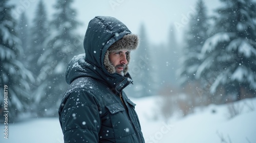 Person wearing a winter jacket outdoors in a snowy landscape, snowfall, hood up, frosty breath, warm clothing, snow-covered trees in the background, dynamic nature scene