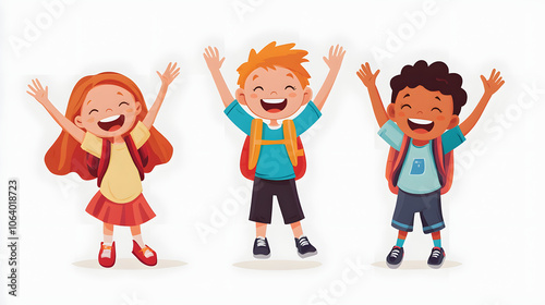 happy kids at elementary school highlighted by white, simple style, png