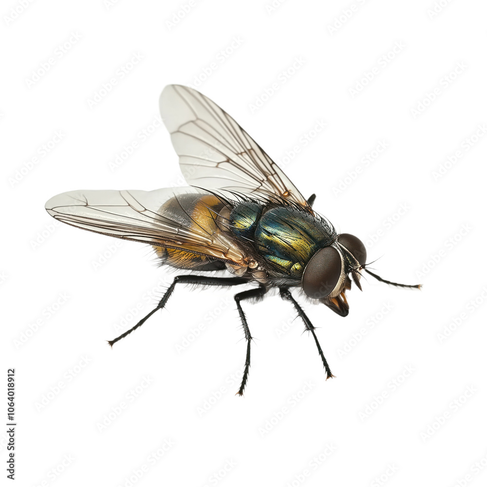 Close-up of a fly body with black color and yellow head. Wings are spread, revealing six legs. Antennae visible. isolated transparent background highlights fly details. Alpha mask. Close-up of a fly body with black color and yellow head. Wings are spread, revealing six legs. Antennae visible. isolated transparent background highlights fly details. Alpha mask.