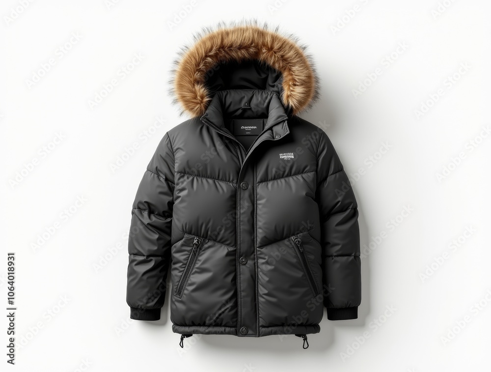 winter jacket on a white background, puffy texture, warm hood with fur trim, neutral studio lighting, centered image, detailed fabric and zippers, isolated with no other objects winter jacket on a white background, puffy texture, warm hood with fur trim, neutral studio lighting, centered image, detailed fabric and zippers, isolated with no other objects