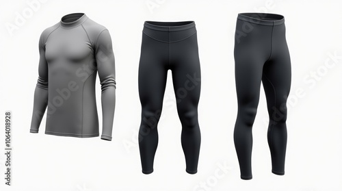 Set of thermal underwear on a white background, tight-fitting design, detailed fabric texture, long sleeves and pants, sporty style, neutral studio lighting, isolated image, no additional objects photo