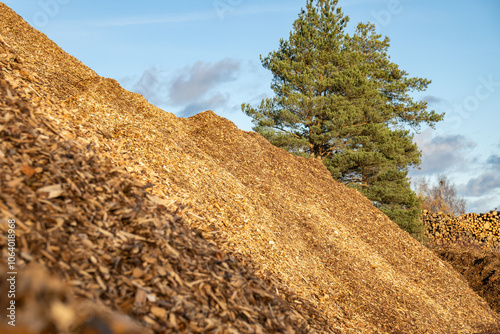 Huge pile of fresh woodchips against the sky.. pile woodchips. Woodchips piles on a storage site. photo