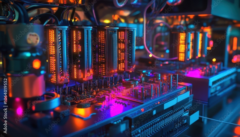 Quantum computing setup with complex circuits, cooling systems, and glowing lights Quantum computing setup with complex circuits, cooling systems, and glowing lights