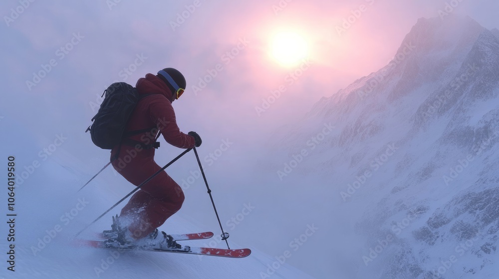 Young beautiful athlete woman doing winter sport - she is skiing against white alps mountain background
