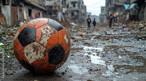 Children playing soccer with a ball in the street of a city or town full of mud devastated by rain and natural disaster.