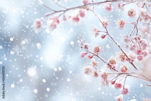 Close-up of frosted red berries on branch with snowflakes, winter theme