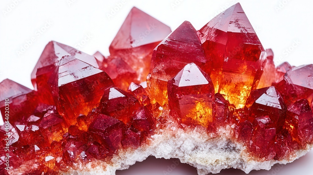 Close-up view of striking red crystals with dark centers and bright edges against a clean white background, showcasing nature’s intricate beauty Close-up view of striking red crystals with dark centers and bright edges against a clean white background, showcasing nature’s intricate beauty