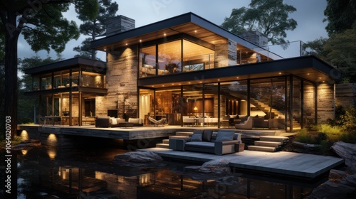 Modern glass and stone house surrounded by nature, featuring outdoor seating and serene water.