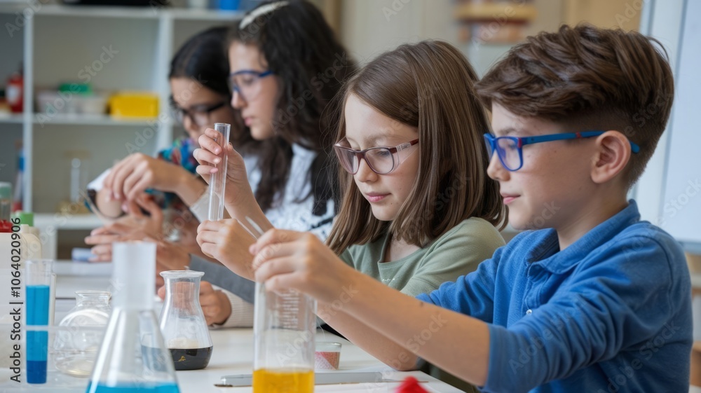 children studying chemistry in class children studying chemistry in class