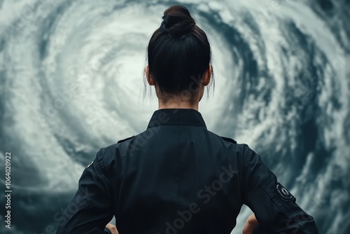 Woman with her back turned, looking at a swirling vortex.