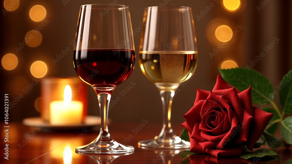 Romantic Table Setting with Wine, Rose & Candlelight, Valentine’s Day concept Romantic Table Setting with Wine, Rose & Candlelight, Valentine’s Day concept