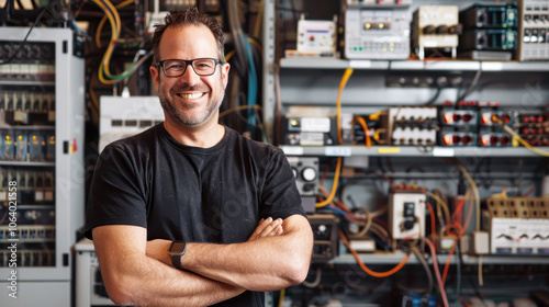 Caucasian male electrician smiling confidently in a technical lab, crossed arms, surrounded by electronic equipment.