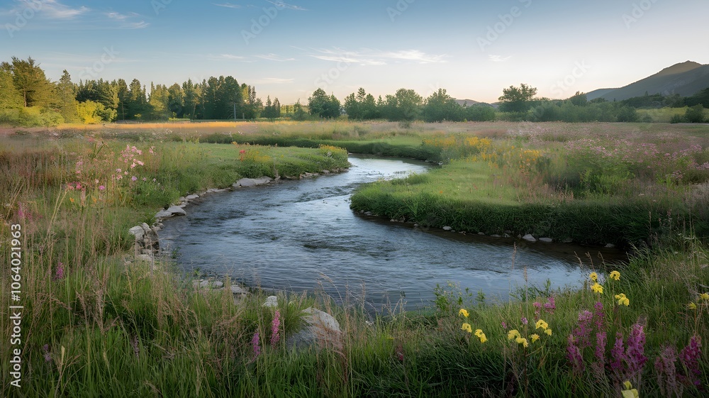 Meadow with circular stream and vibrant wildflowers under a soft-lit sky Meadow with circular stream and vibrant wildflowers under a soft-lit sky