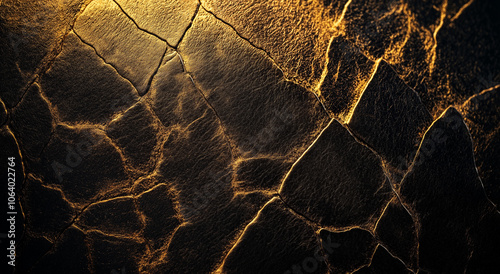 Dark background, golden light on the right side of an abstract texture of dark black and gold paper, with bottom left corner illuminated by the warm glow of sunset, creating a mysterious atmosphere
