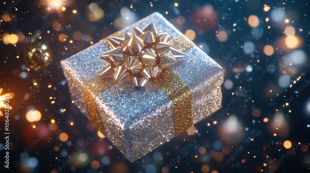 Sparkling gift box with golden bow and festive lights Sparkling gift box with golden bow and festive lights