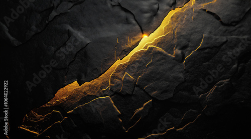 Dark background, golden light on the right side of an abstract texture of dark black and gold paper, with bottom left corner illuminated by the warm glow of sunset, creating a mysterious atmosphere