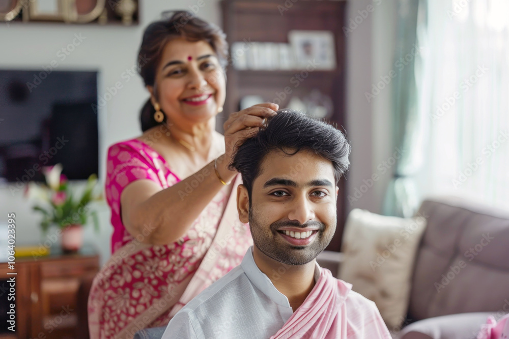 Obraz premium A heartwarming scene of an Indian mother in a pink saree styling her adult son's hair in a modern living room, showcasing a cultural and familial bond.
