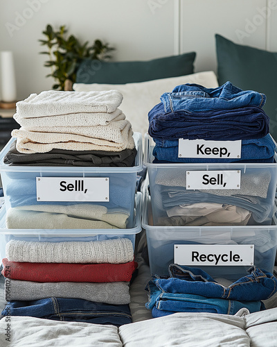 Organized setup with piles of clothes labeled 