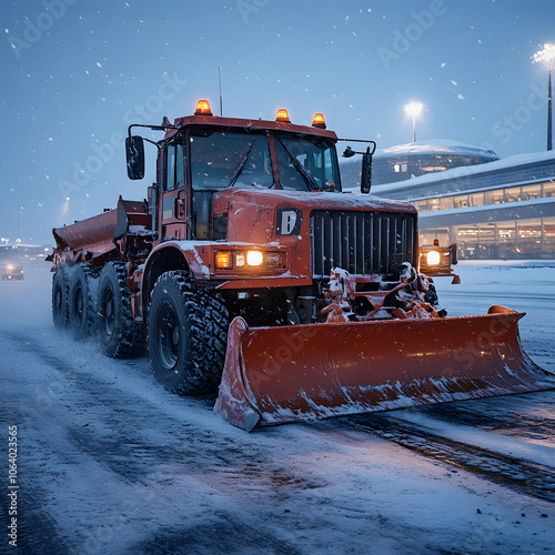 snowplows and crews removing snow from runway at toronto, canada airport highlighted by white, detailed, png photo